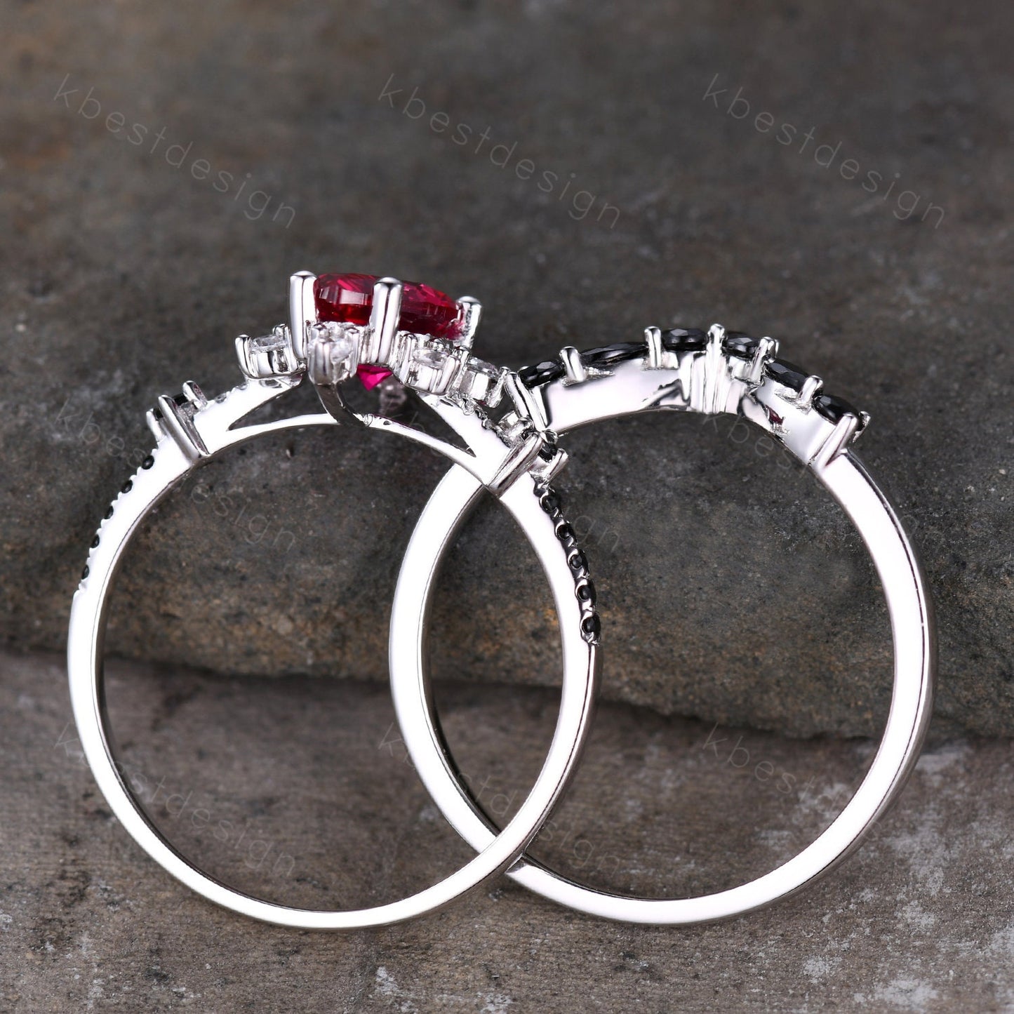 Pear shaped Ruby engagement ring set unique vintage black spinel ring women silver wedding rings art deco stacking band Bridal promise set