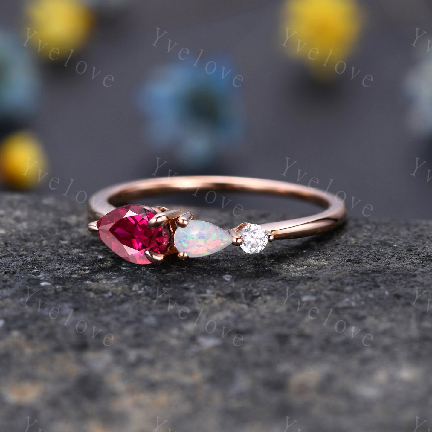 Vintage Red Ruby Opal Ring Engagement Ring,Pear Cut Gems,Art Deco Moissanite Wedding Band,3 Stone Unique Women Bridal Promise Ring,Rose gold