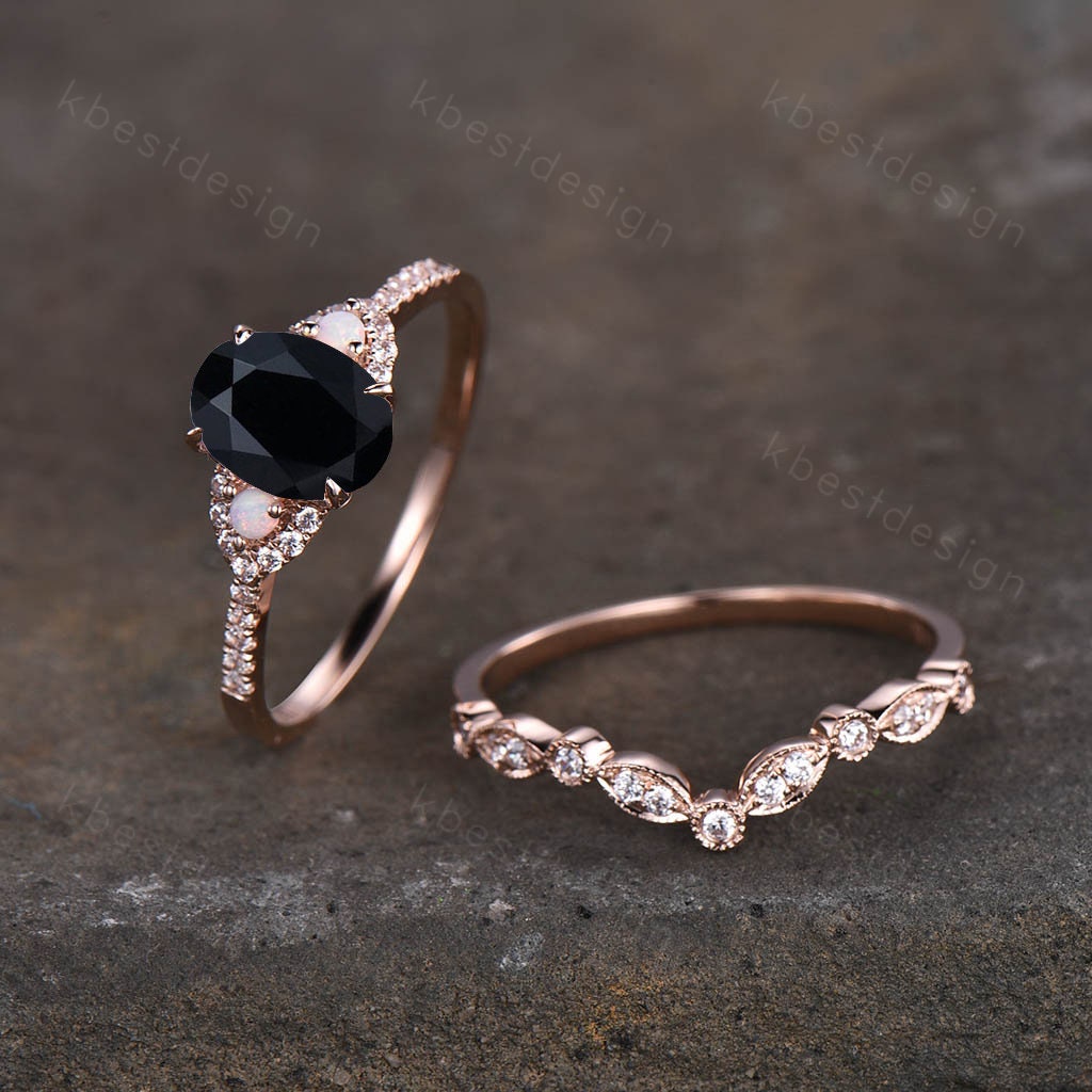 Oval Black Onyx Engagement Ring Set Rose Gold Women Stacking Ring Unique Curved Wedding Band Vintage Bridal Ring Set Promise Ring