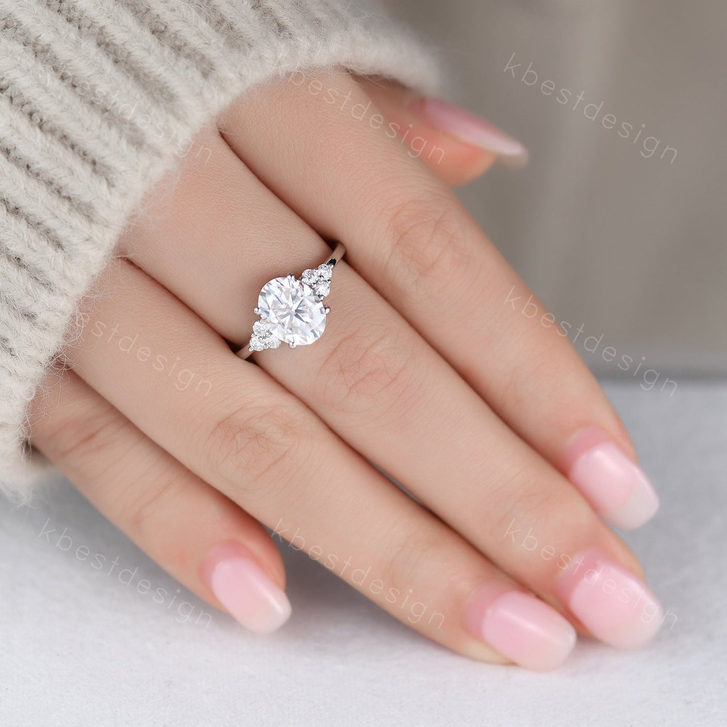 3.00cts Moissanite Oval Engagement Ring, Oval 10x8mm Moissanite Wedding Ring, Unique Cluster Bridal Ring, White Gold Moissanite Ring