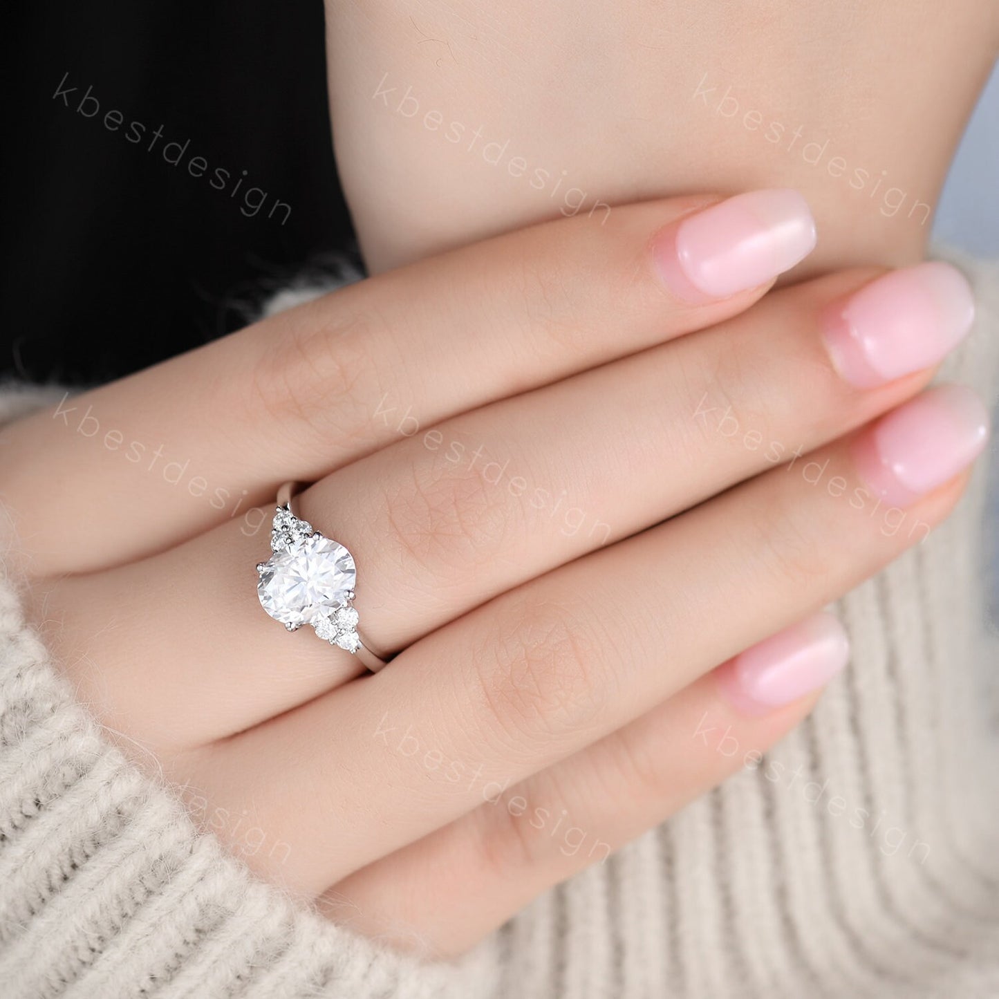 3.00cts Moissanite Oval Engagement Ring, Oval 10x8mm Moissanite Wedding Ring, Unique Cluster Bridal Ring, White Gold Moissanite Ring