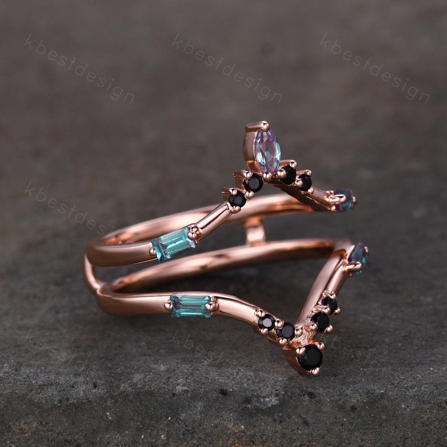 Alexandrite curved wedding band Rose gold baguette Alexandrite double curved band Unique stacking matching band Bridal wedding gift