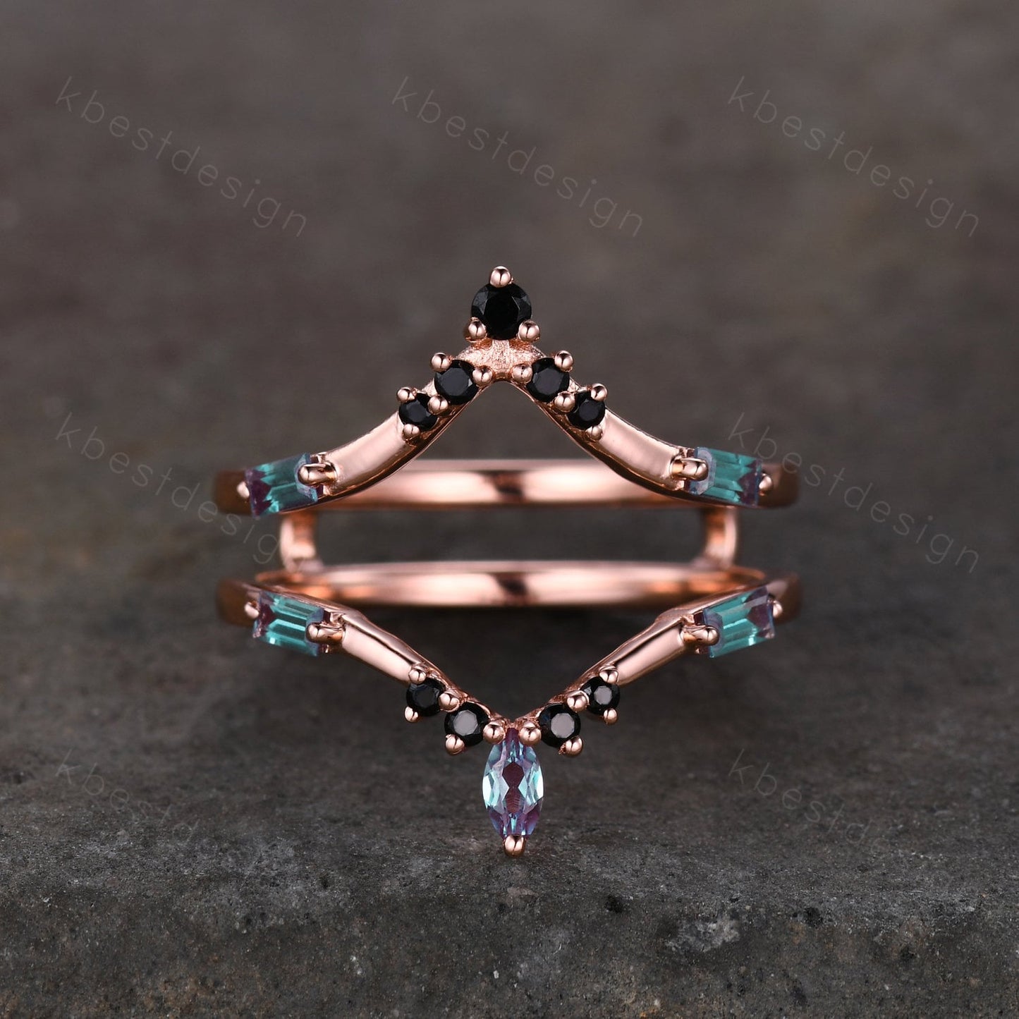 Alexandrite curved wedding band Rose gold baguette Alexandrite double curved band Unique stacking matching band Bridal wedding gift