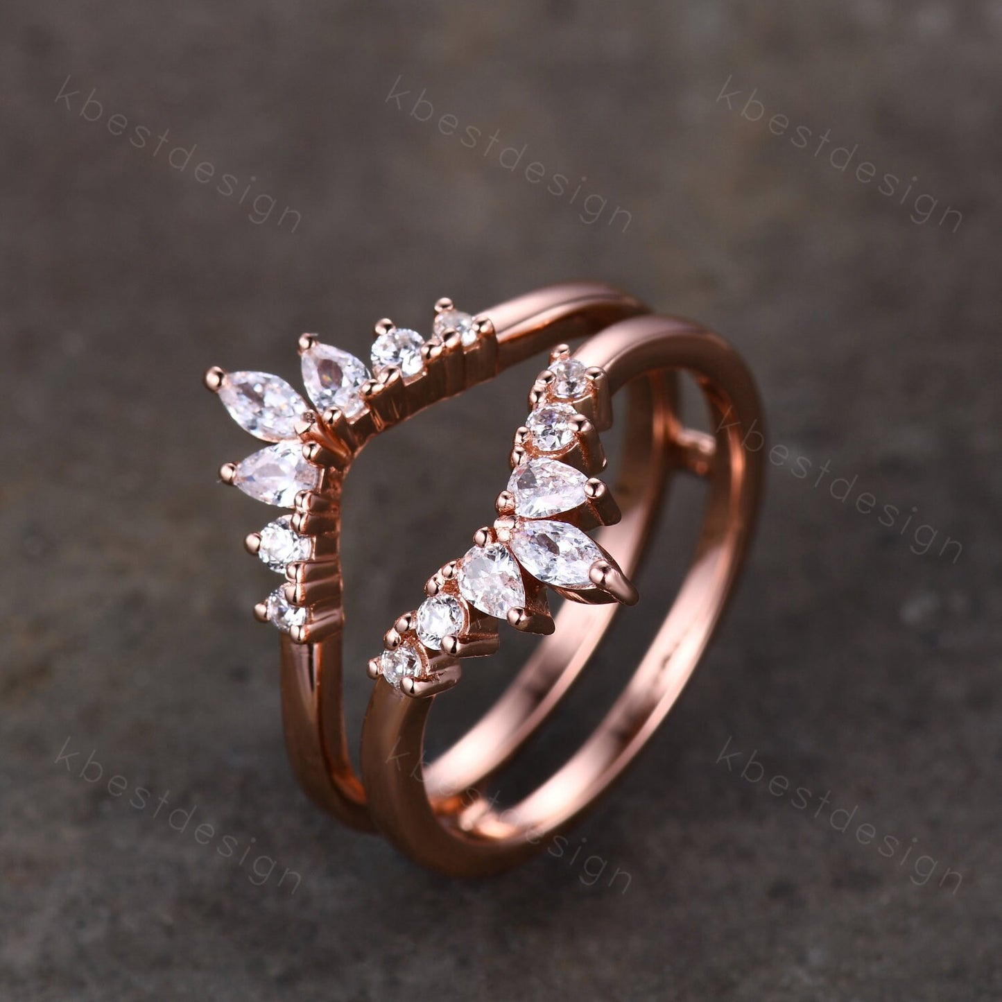 Double curved wedding band Rose gold Moissanite band for women Unique stacking matching Bridal wedding band Promise ring Anniversary gift