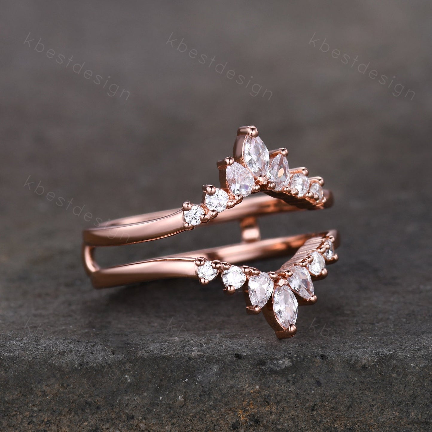 Double curved wedding band Rose gold Moissanite band for women Unique stacking matching Bridal wedding band Promise ring Anniversary gift