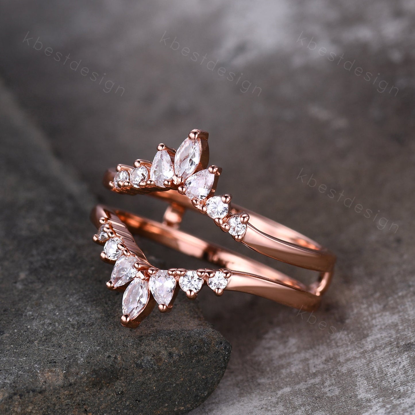 Double curved wedding band Rose gold Moissanite band for women Unique stacking matching Bridal wedding band Promise ring Anniversary gift