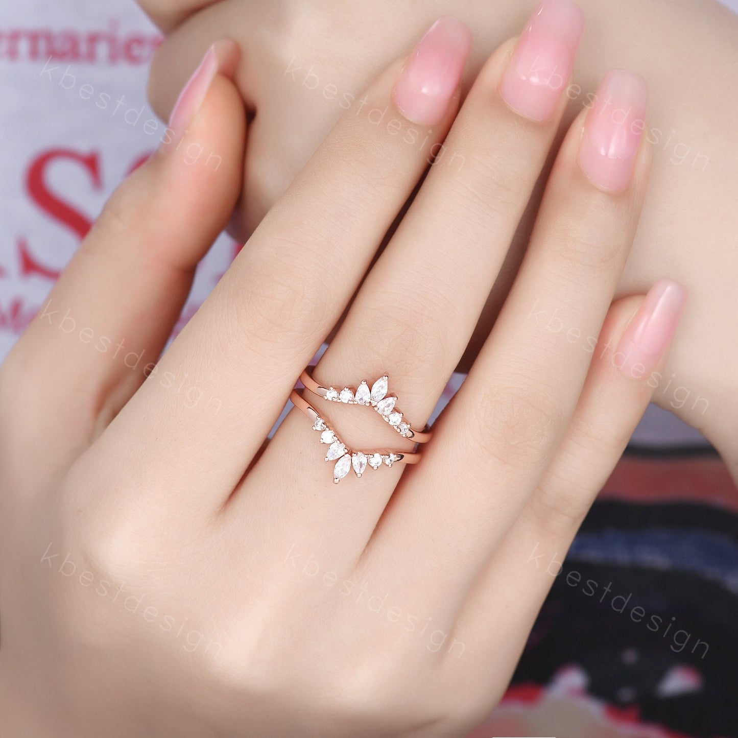 Double curved wedding band Rose gold Moissanite band for women Unique stacking matching Bridal wedding band Promise ring Anniversary gift