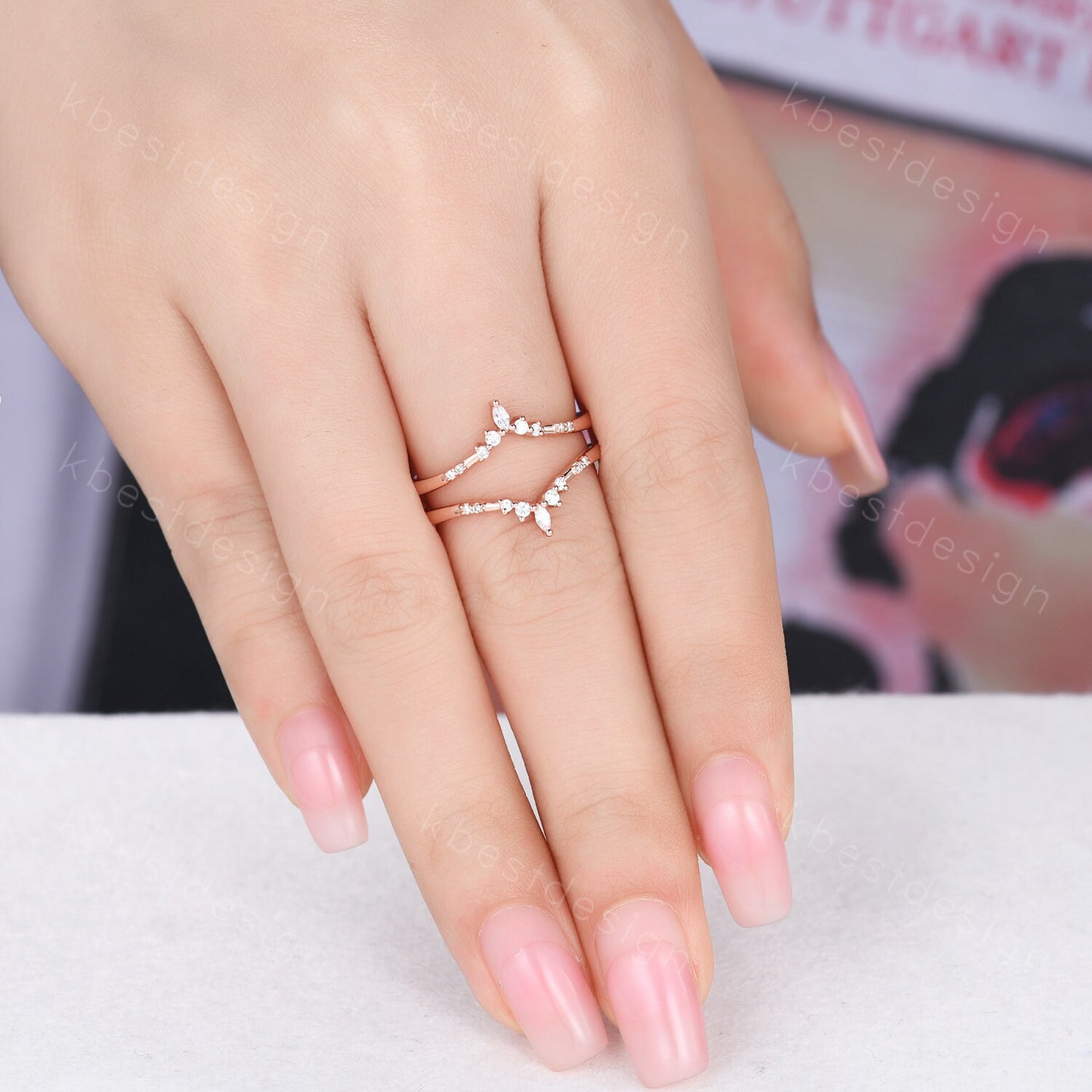 Dainty curved Moissanite wedding band vintage double curved stacking band Rose gold enhancer matching band Unique bridal promise gift