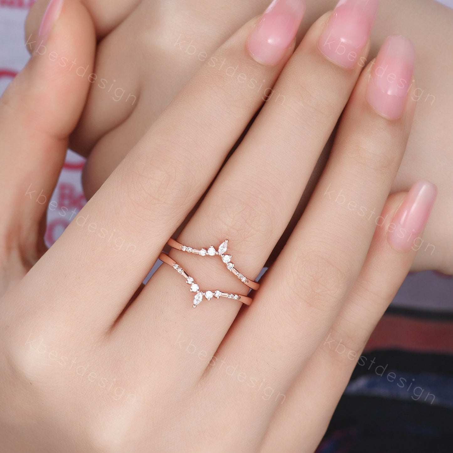 Dainty curved Moissanite wedding band vintage double curved stacking band Rose gold enhancer matching band Unique bridal promise gift