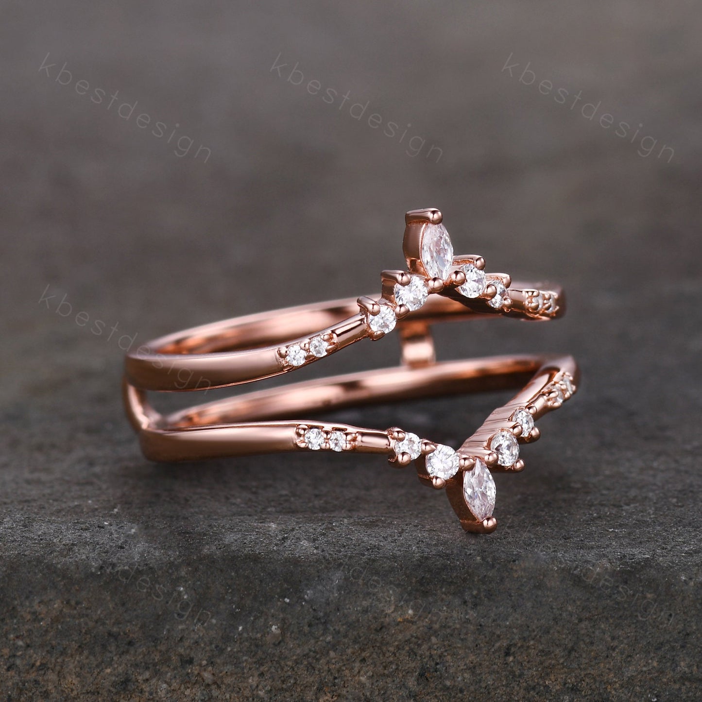 Dainty curved Moissanite wedding band vintage double curved stacking band Rose gold enhancer matching band Unique bridal promise gift