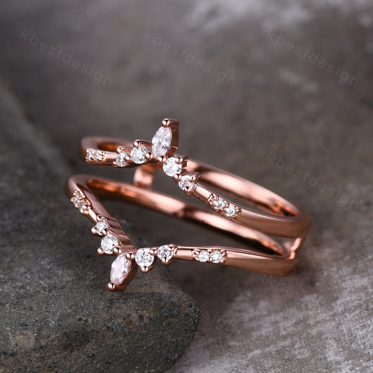 Dainty curved Moissanite wedding band vintage double curved stacking band Rose gold enhancer matching band Unique bridal promise gift
