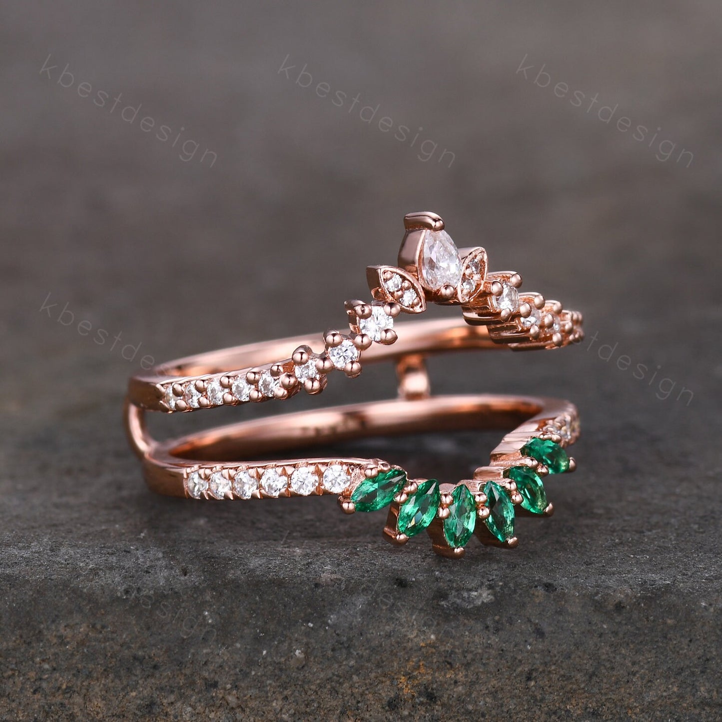 Double curved Moissanite/Emerald wedding band vintage Rose gold marquise emerald cluster band Half eternity stacking band Promise gift