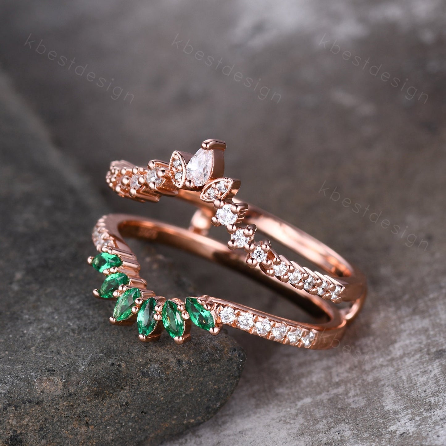 Double curved Moissanite/Emerald wedding band vintage Rose gold marquise emerald cluster band Half eternity stacking band Promise gift