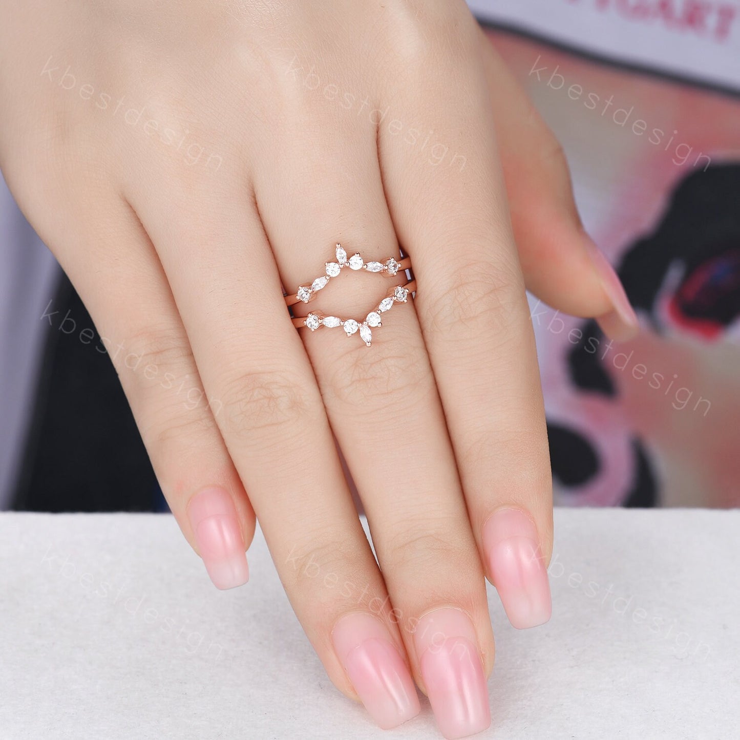 Double curved wedding band Vintage marquise cut Moissanite cluster band Rose gold rings Unique stacking matching bridal ring Promise gift