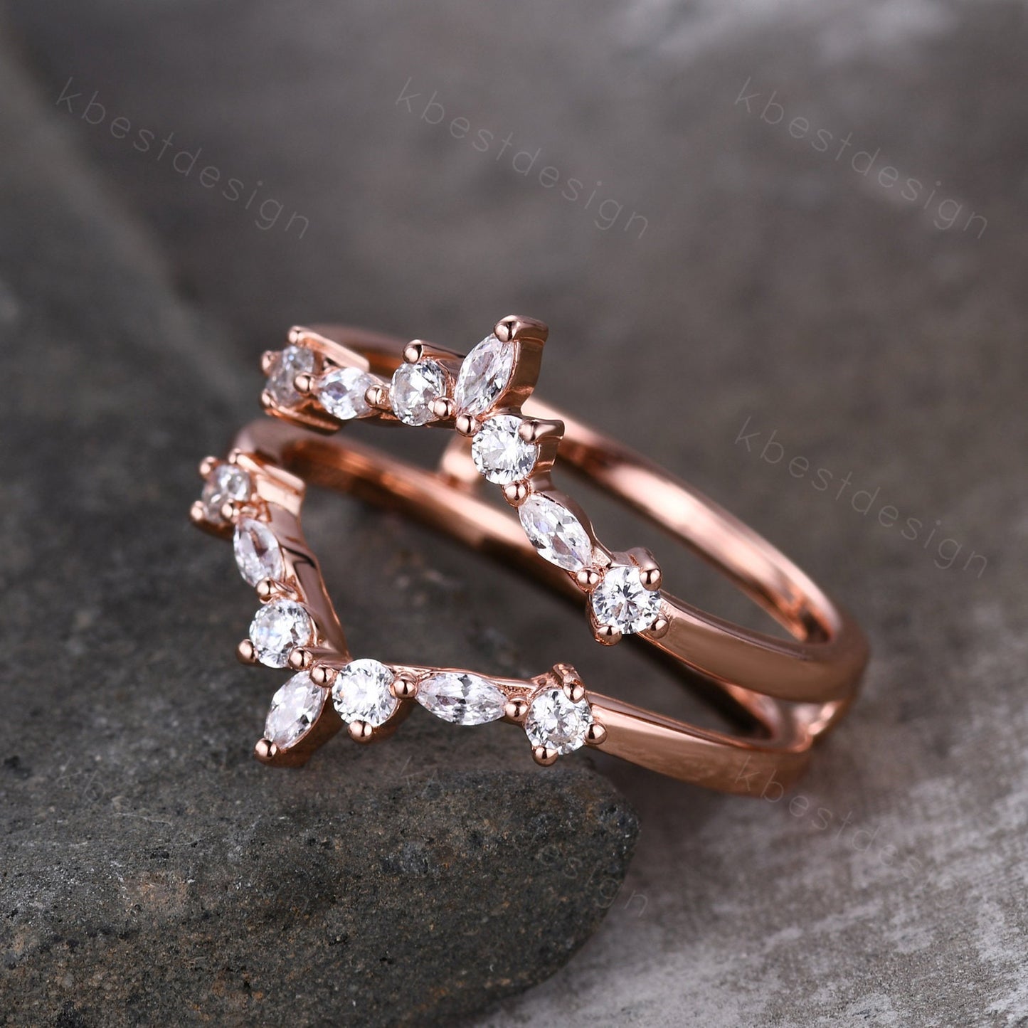 Double curved wedding band Vintage marquise cut Moissanite cluster band Rose gold rings Unique stacking matching bridal ring Promise gift