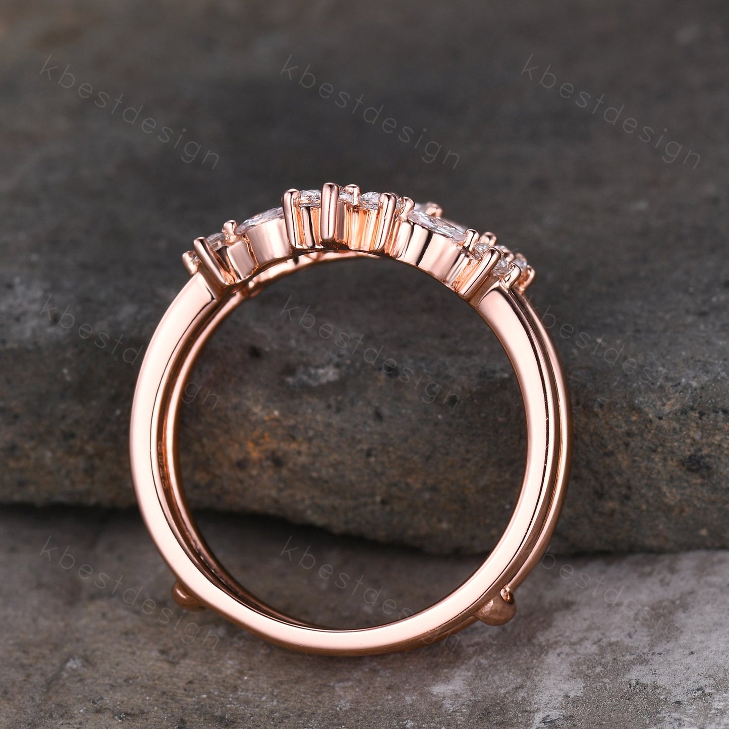 Double curved wedding band Vintage marquise cut Moissanite cluster band Rose gold rings Unique stacking matching bridal ring Promise gift