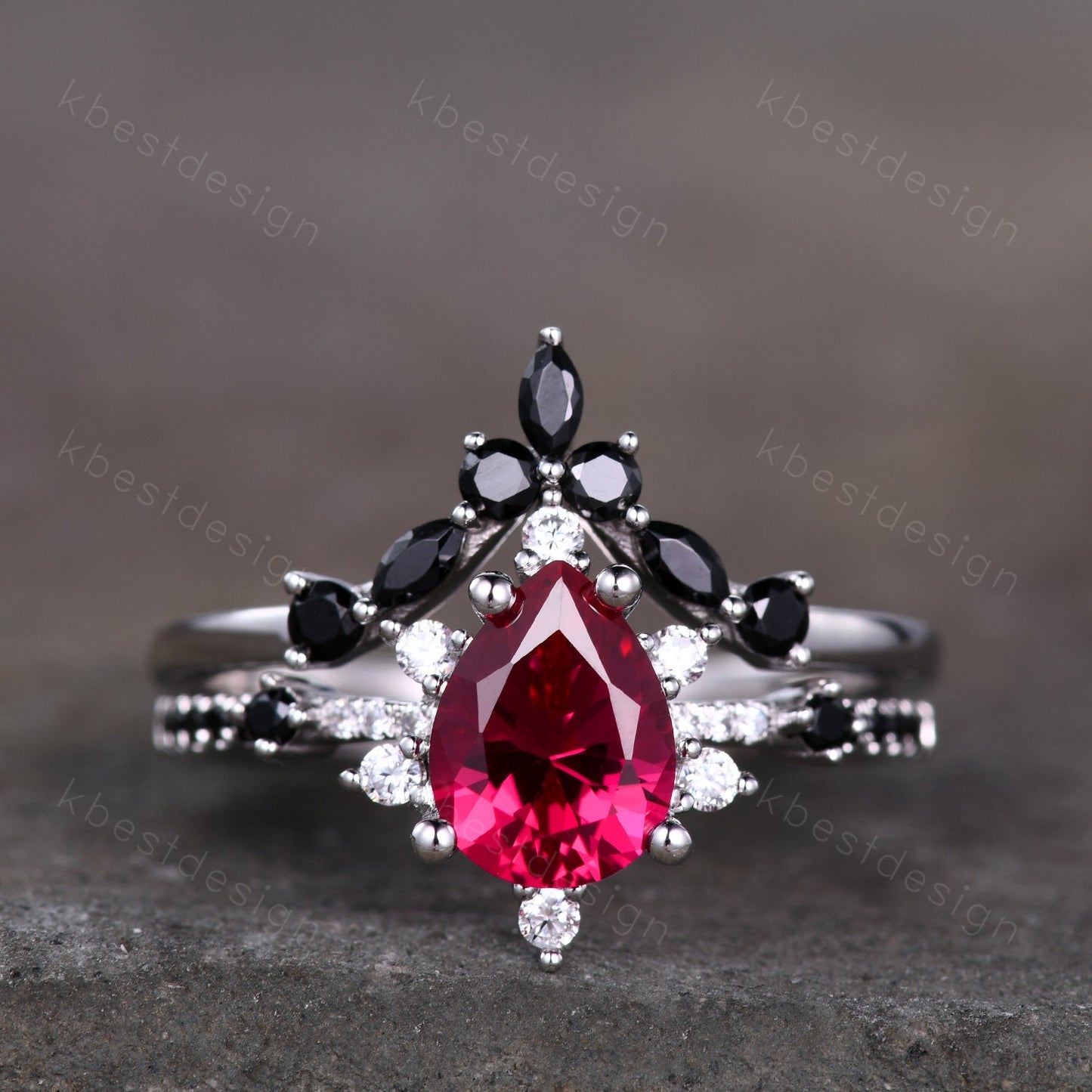 Pear shaped Ruby engagement ring set unique vintage black spinel ring women silver wedding rings art deco stacking band Bridal promise set