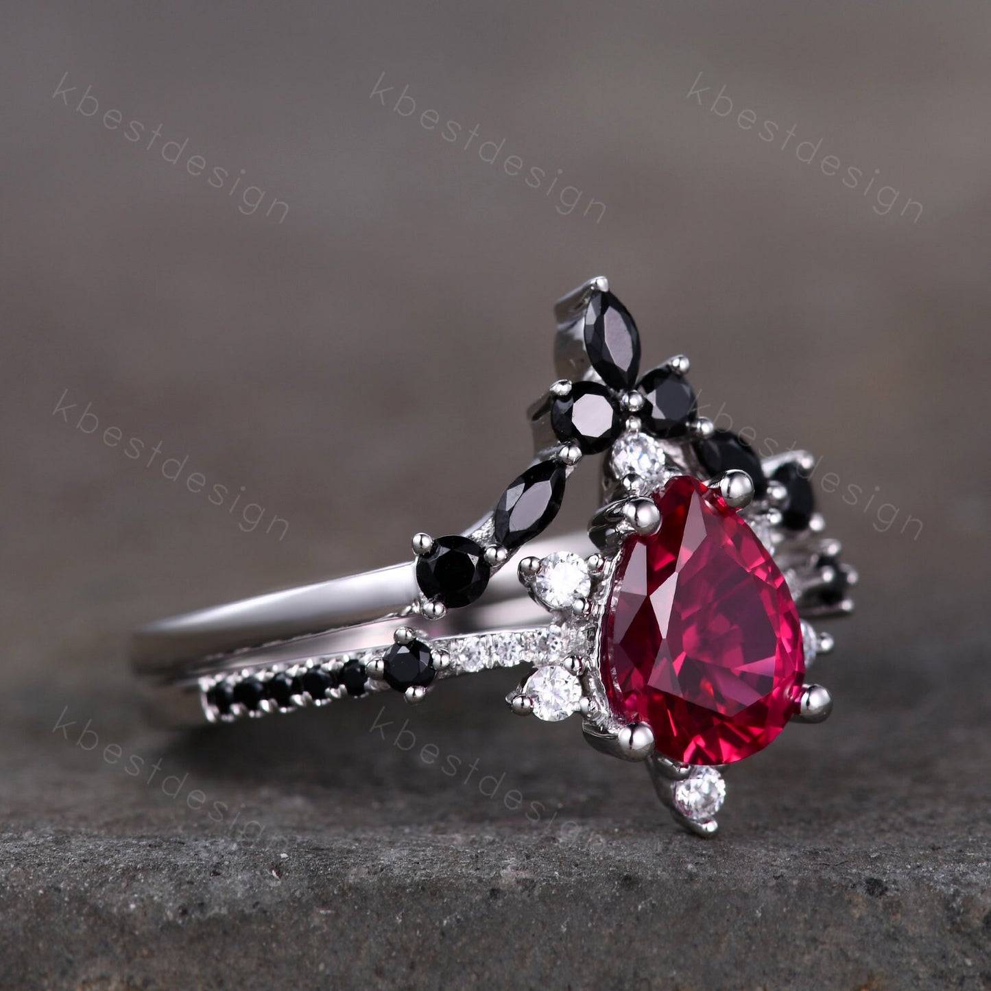 Pear shaped Ruby engagement ring set unique vintage black spinel ring women silver wedding rings art deco stacking band Bridal promise set