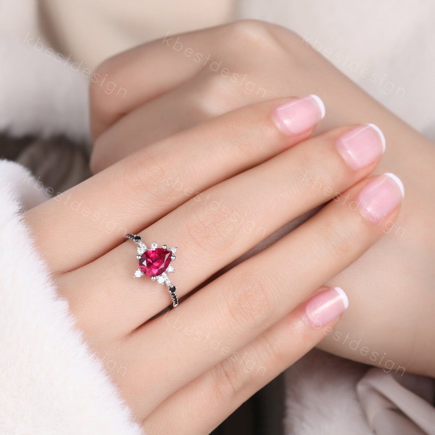 Pear shaped Ruby engagement ring set unique vintage black spinel ring women silver wedding rings art deco stacking band Bridal promise set