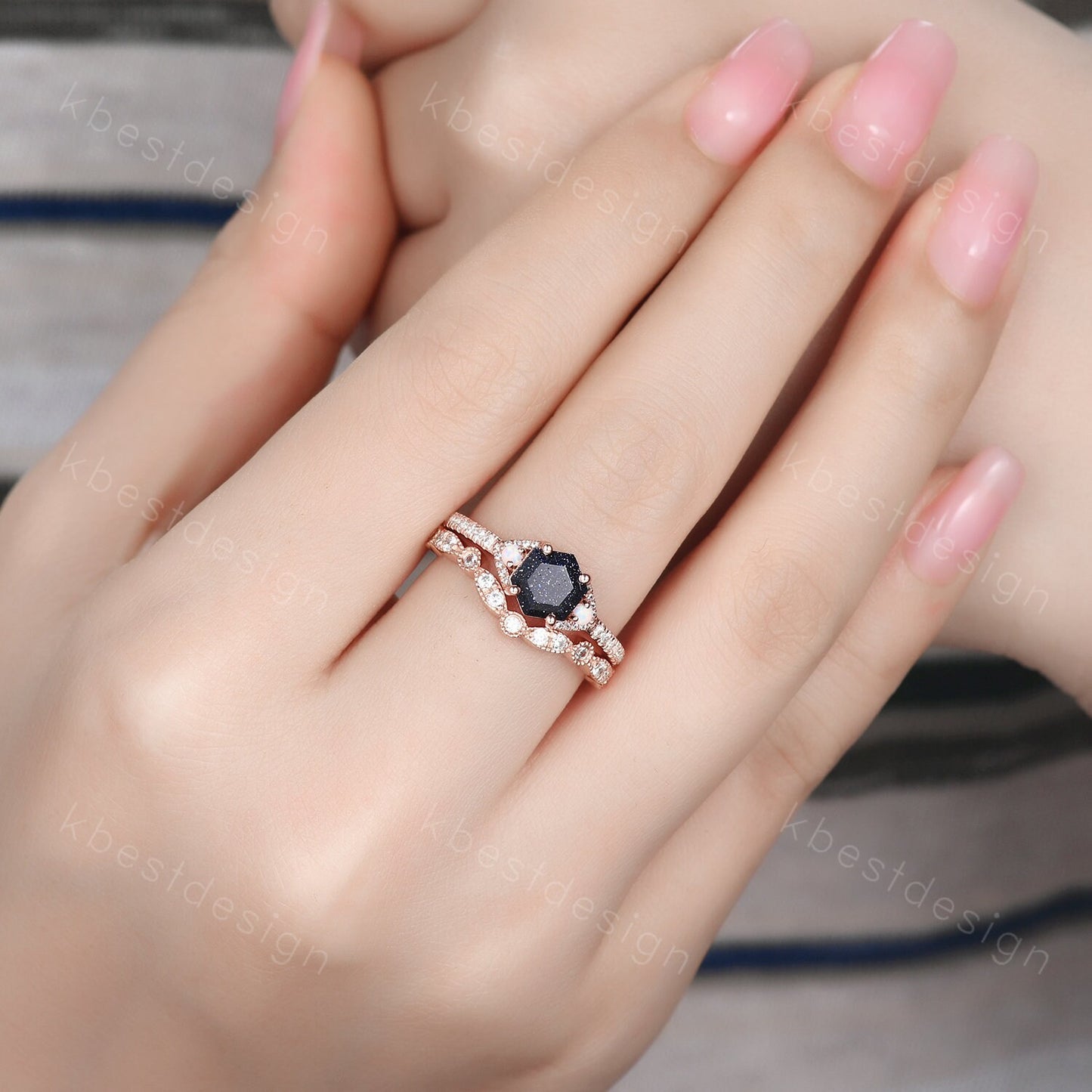 Vintage hexagon cut blue sandstone engagement ring set rose gold rings art deco curved wedding band opal ring Unique bridal set Promise ring