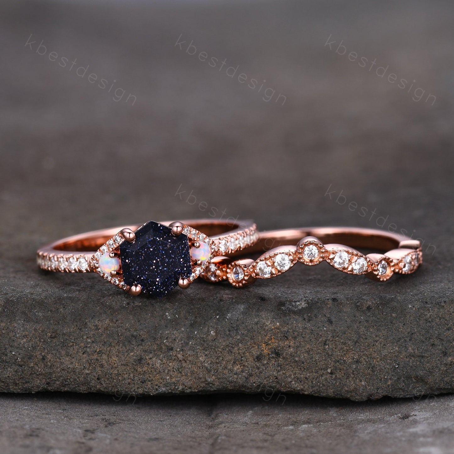Vintage hexagon cut blue sandstone engagement ring set rose gold rings art deco curved wedding band opal ring Unique bridal set Promise ring