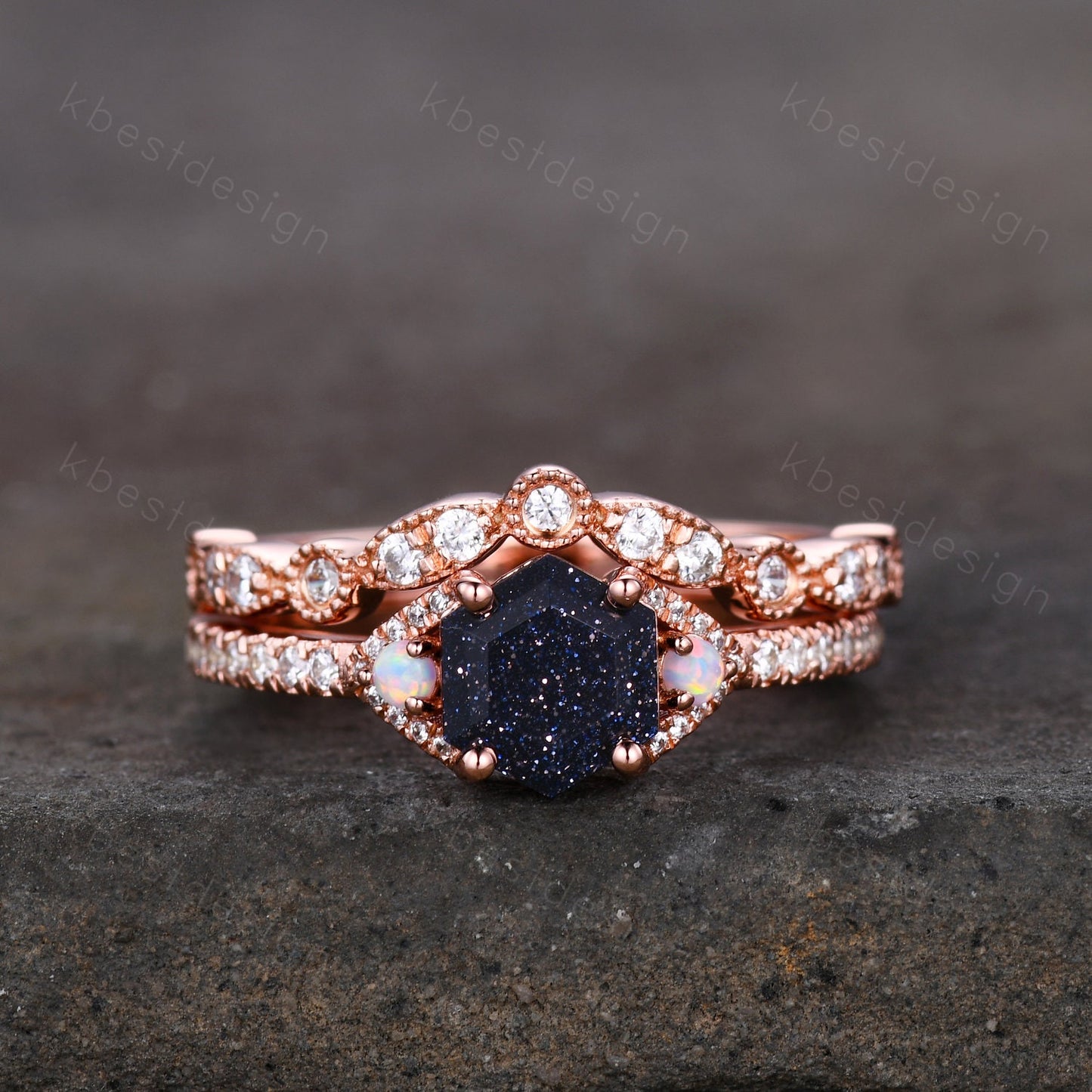 Vintage hexagon cut blue sandstone engagement ring set rose gold rings art deco curved wedding band opal ring Unique bridal set Promise ring