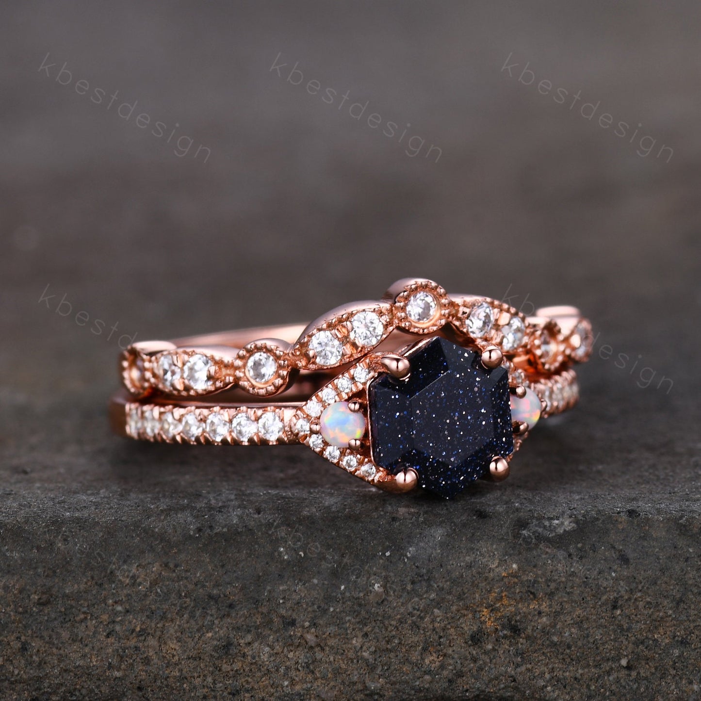 Vintage hexagon cut blue sandstone engagement ring set rose gold rings art deco curved wedding band opal ring Unique bridal set Promise ring