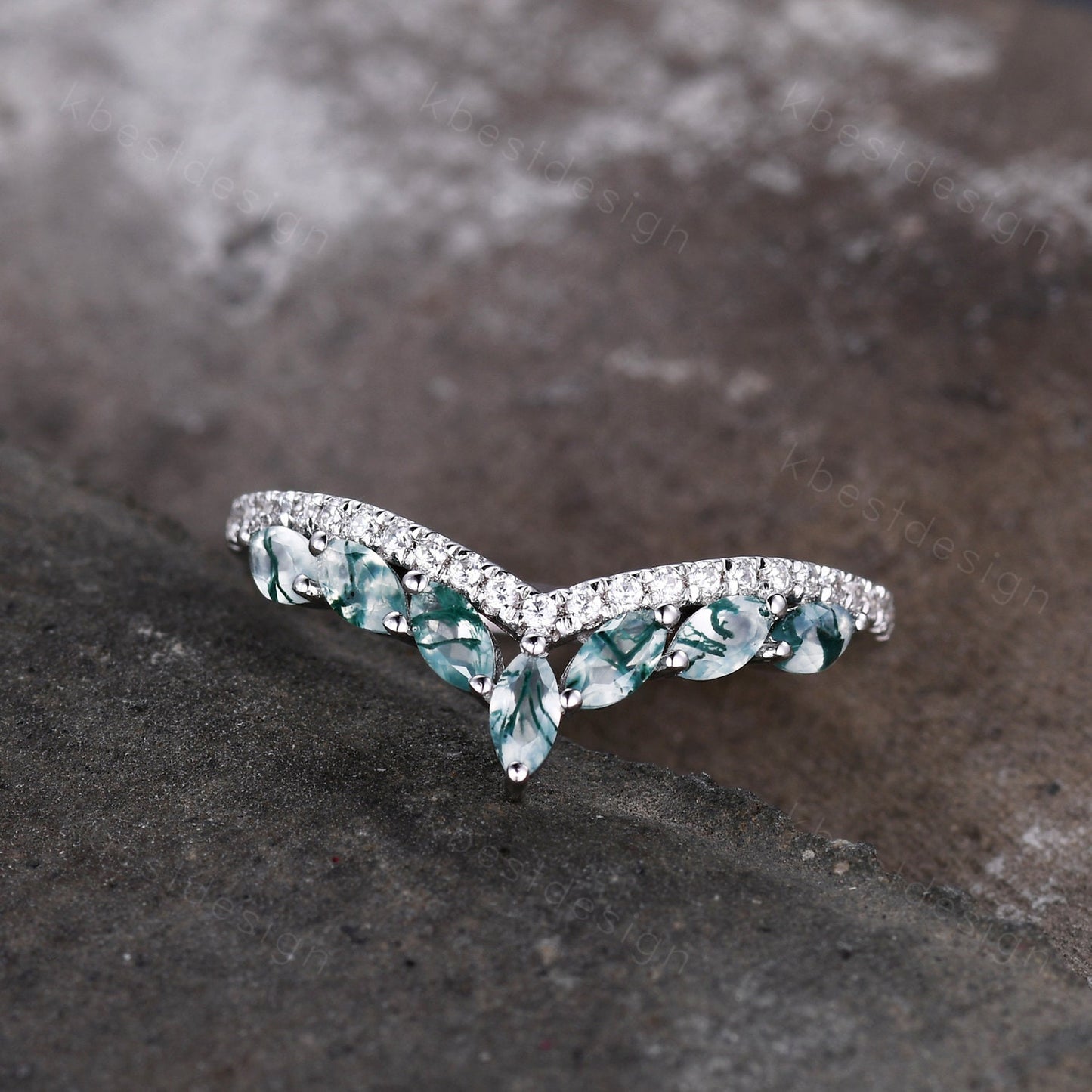 Marquise cut moss agate wedding ring band unique curved moissanite wedding band women vintage stacking matching band anniversary ring