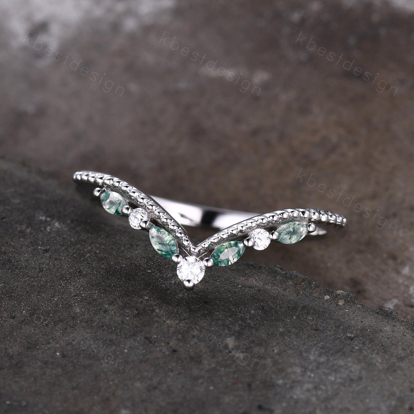 Curved Moss Agate wedding band sterling silver wedding band Unique art deco moissanite stacking band Anniversary ring Women gift
