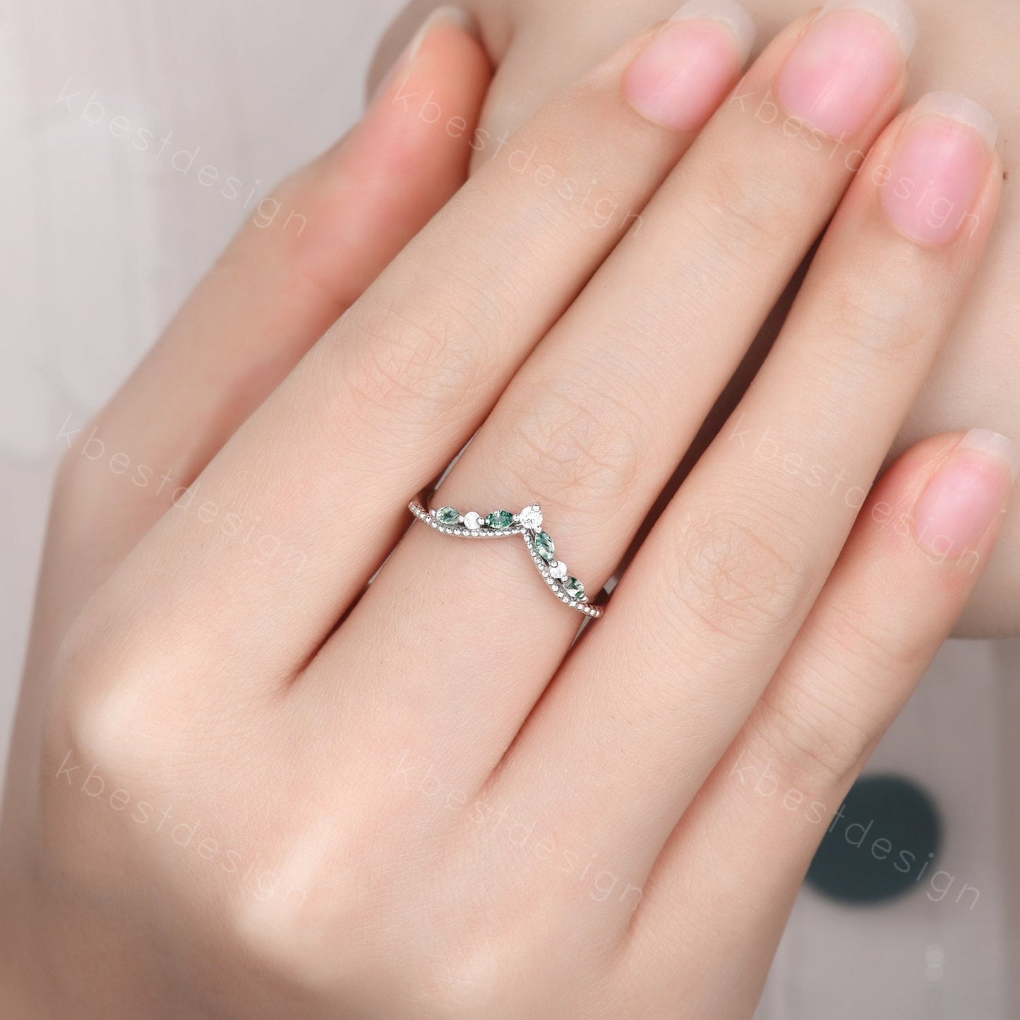 Curved Moss Agate wedding band sterling silver wedding band Unique art deco moissanite stacking band Anniversary ring Women gift