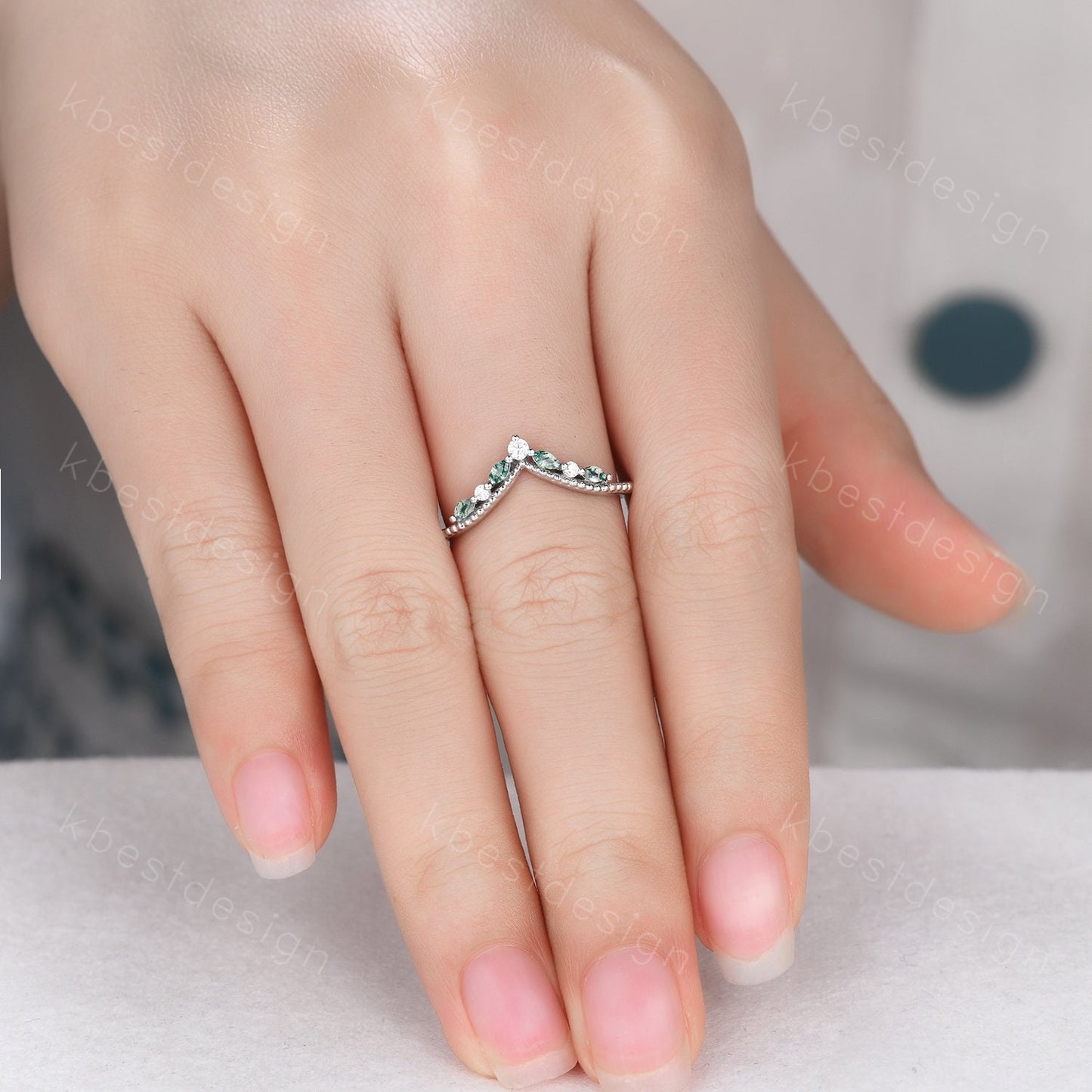 Curved Moss Agate wedding band sterling silver wedding band Unique art deco moissanite stacking band Anniversary ring Women gift