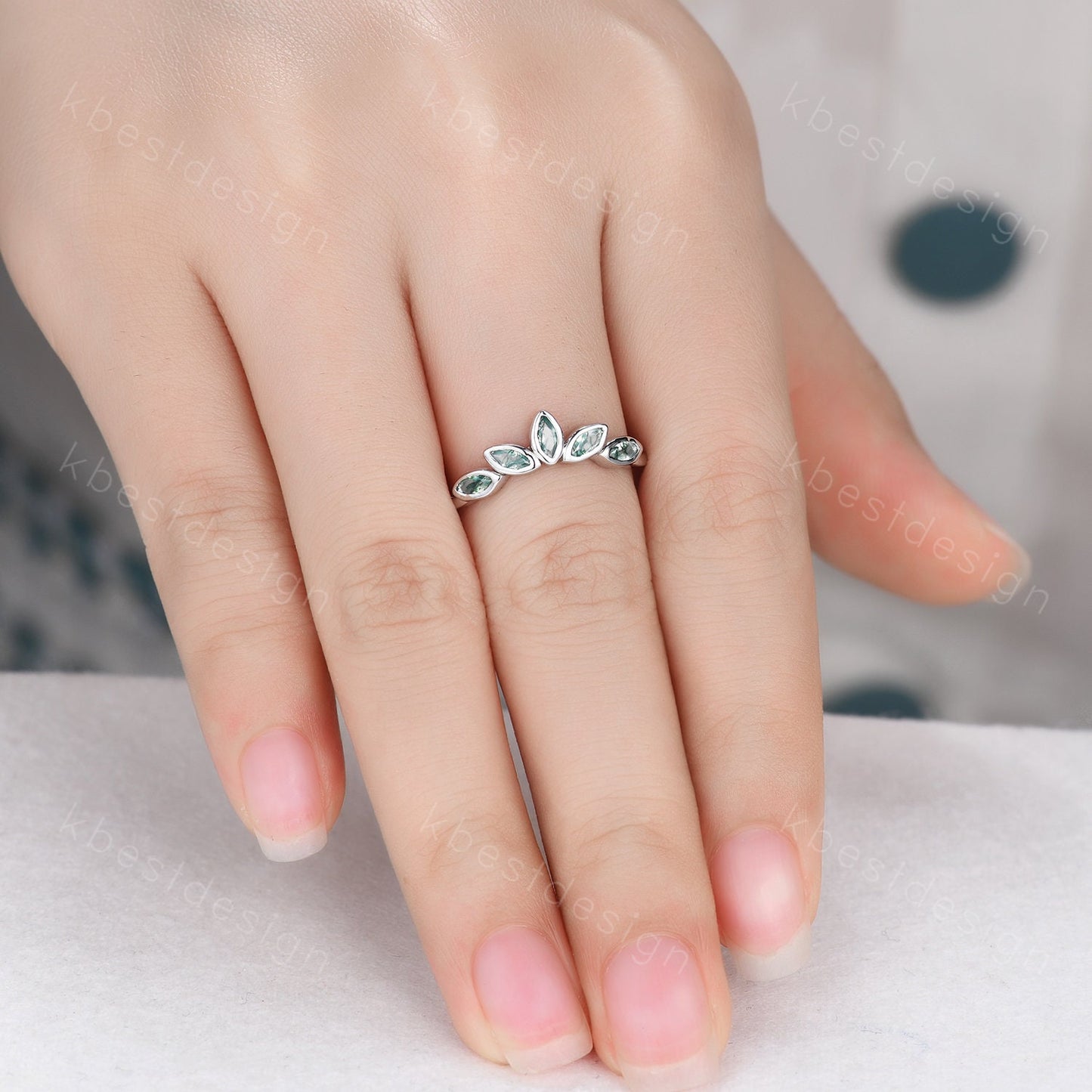 Unique marquise cut Moss Agate wedding band vintage White gold wedding band bezel set band Unique Bridal Stacking Promise gift for women