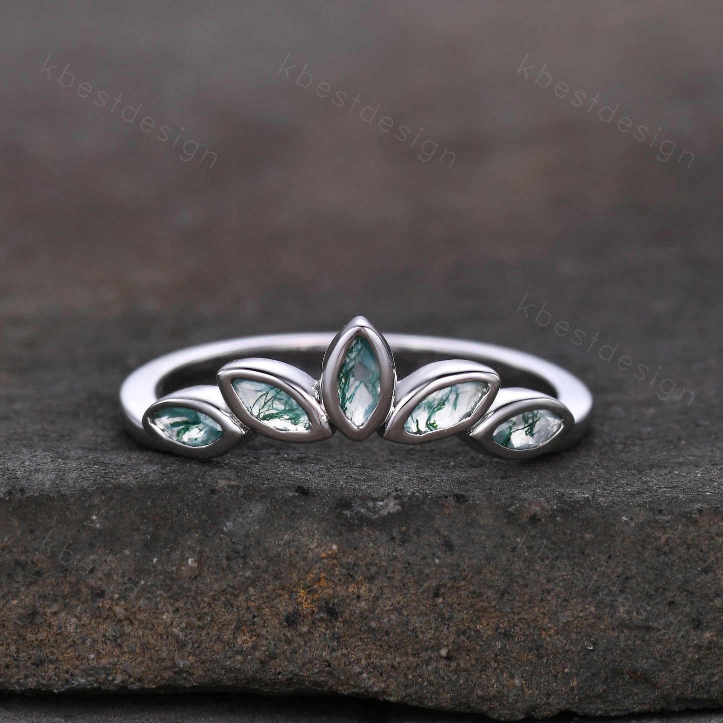 Unique marquise cut Moss Agate wedding band vintage White gold wedding band bezel set band Unique Bridal Stacking Promise gift for women