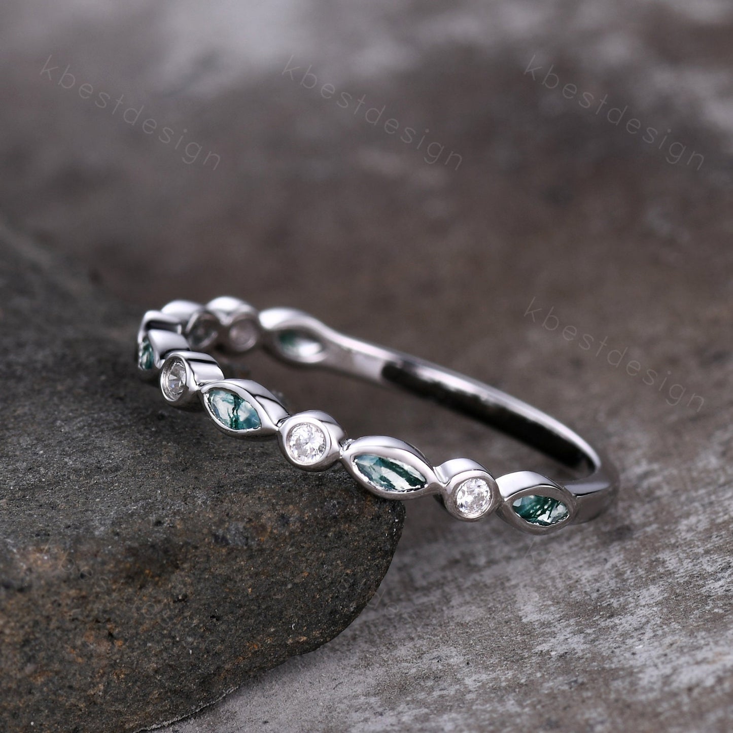 Half Eternity Moss Agate Wedding Band White Gold Ring for Women Unique Marquise cut Moss Agate Moissanite Wedding Ring Stacking Band Gift