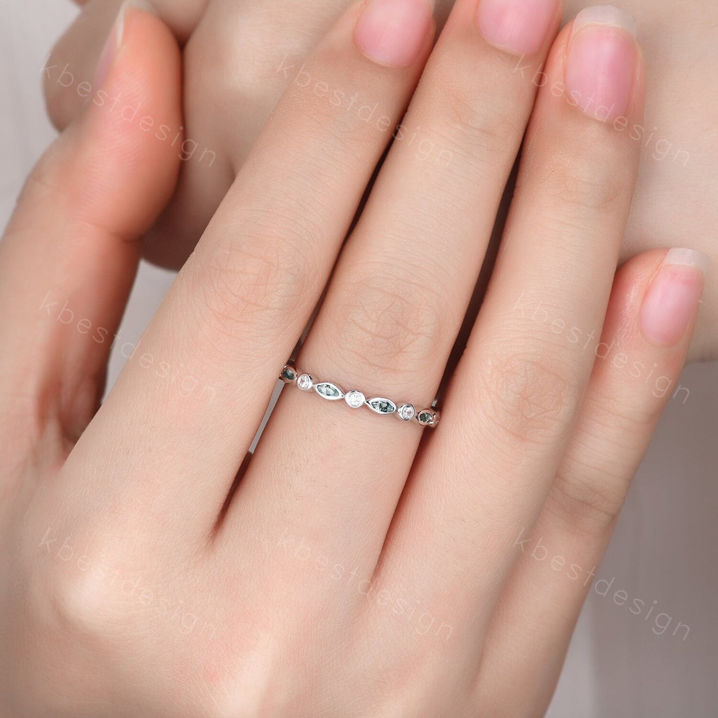 Half Eternity Moss Agate Wedding Band White Gold Ring for Women Unique Marquise cut Moss Agate Moissanite Wedding Ring Stacking Band Gift