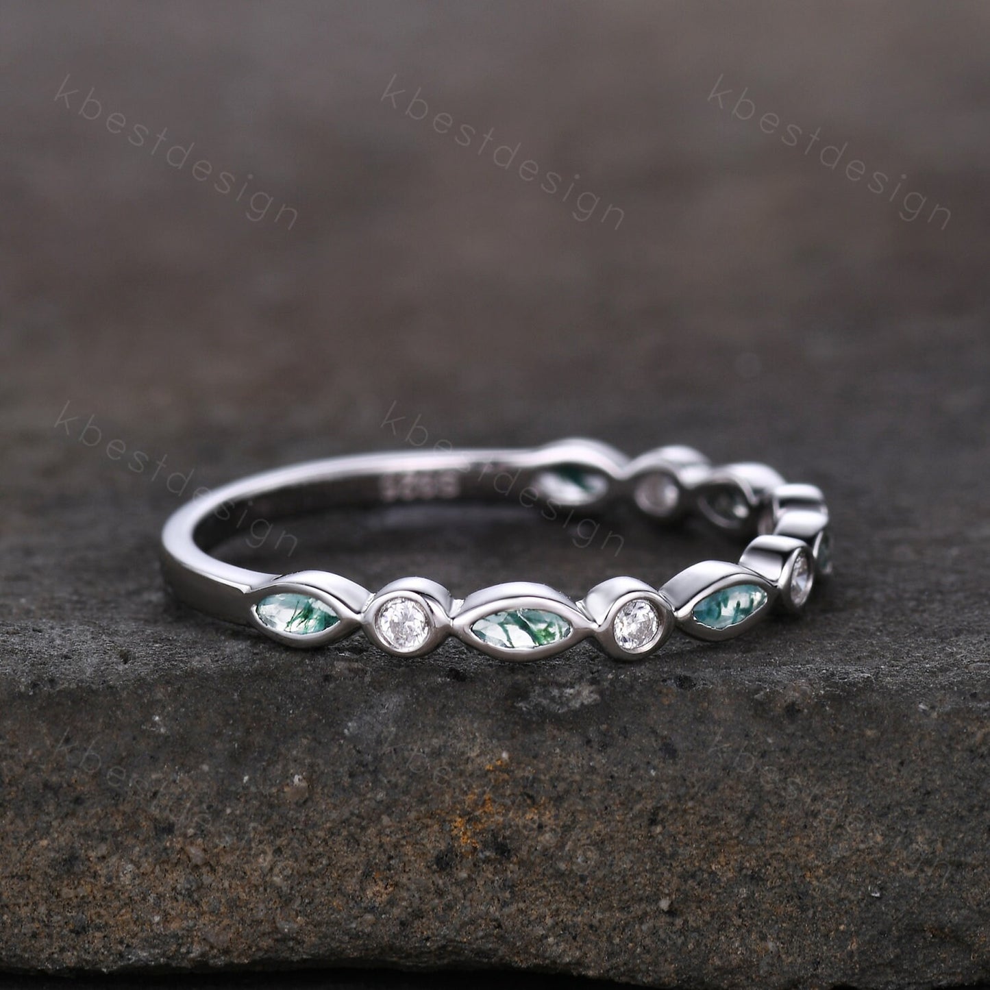 Half Eternity Moss Agate Wedding Band White Gold Ring for Women Unique Marquise cut Moss Agate Moissanite Wedding Ring Stacking Band Gift