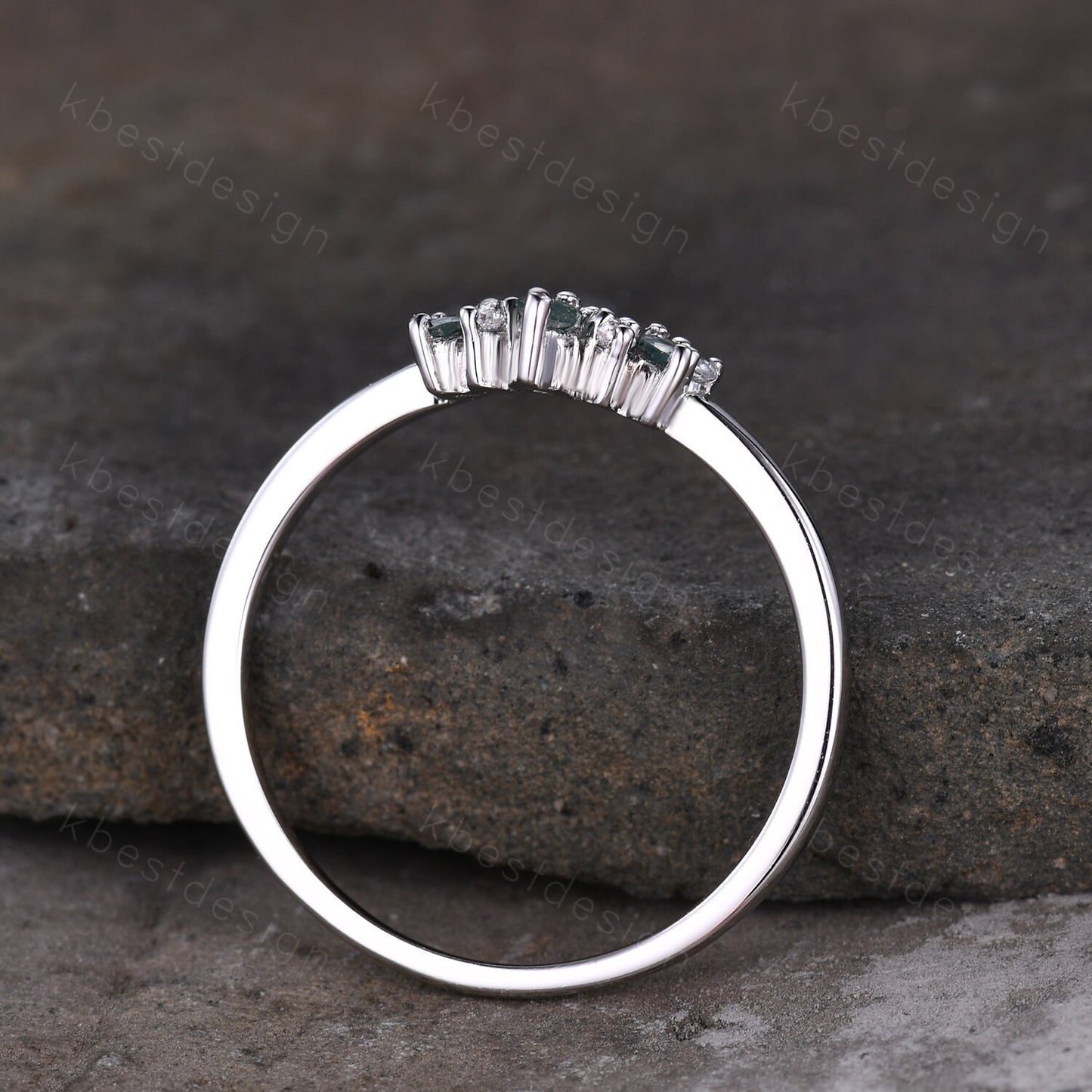 Curved wedding band Marquise cut moss agate White gold ring Moissanite Chevron Band Unique Bridal Wedding Ring Stacking Matching band