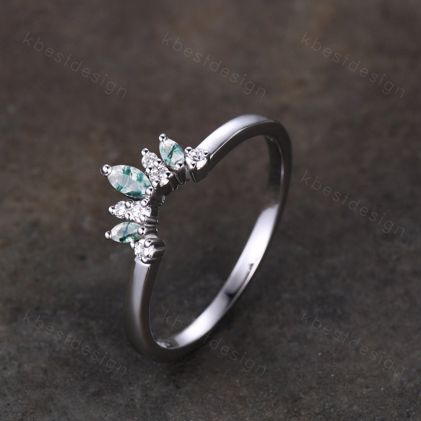 Curved wedding band Marquise cut moss agate White gold ring Moissanite Chevron Band Unique Bridal Wedding Ring Stacking Matching band