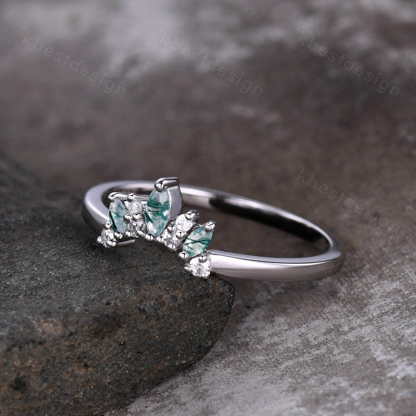 Curved wedding band Marquise cut moss agate White gold ring Moissanite Chevron Band Unique Bridal Wedding Ring Stacking Matching band