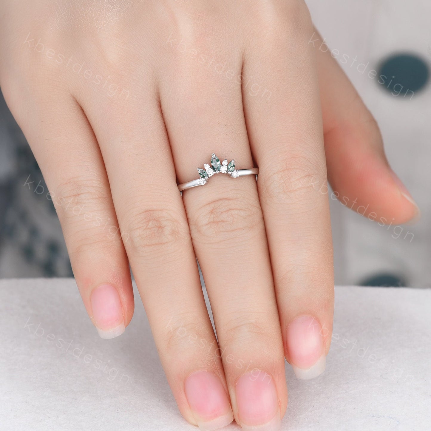Curved wedding band Marquise cut moss agate White gold ring Moissanite Chevron Band Unique Bridal Wedding Ring Stacking Matching band