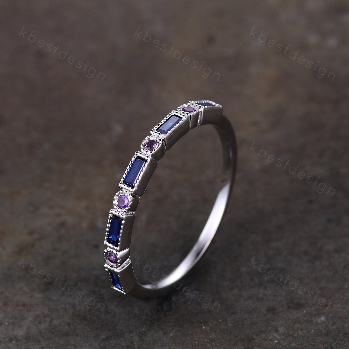 Half Eternity Sapphire Ring Baguette Sapphire and Amethyst Wedding Band Silver Ring Art Deco Vintage Wedding Bridal Anniversary Ring