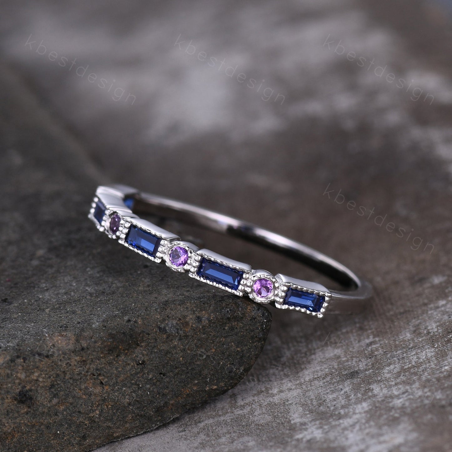 Half Eternity Sapphire Ring Baguette Sapphire and Amethyst Wedding Band Silver Ring Art Deco Vintage Wedding Bridal Anniversary Ring