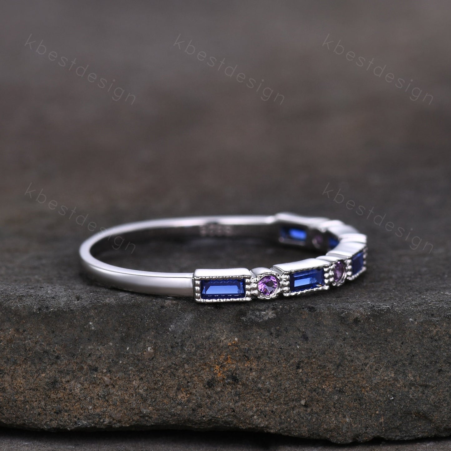 Half Eternity Sapphire Ring Baguette Sapphire and Amethyst Wedding Band Silver Ring Art Deco Vintage Wedding Bridal Anniversary Ring