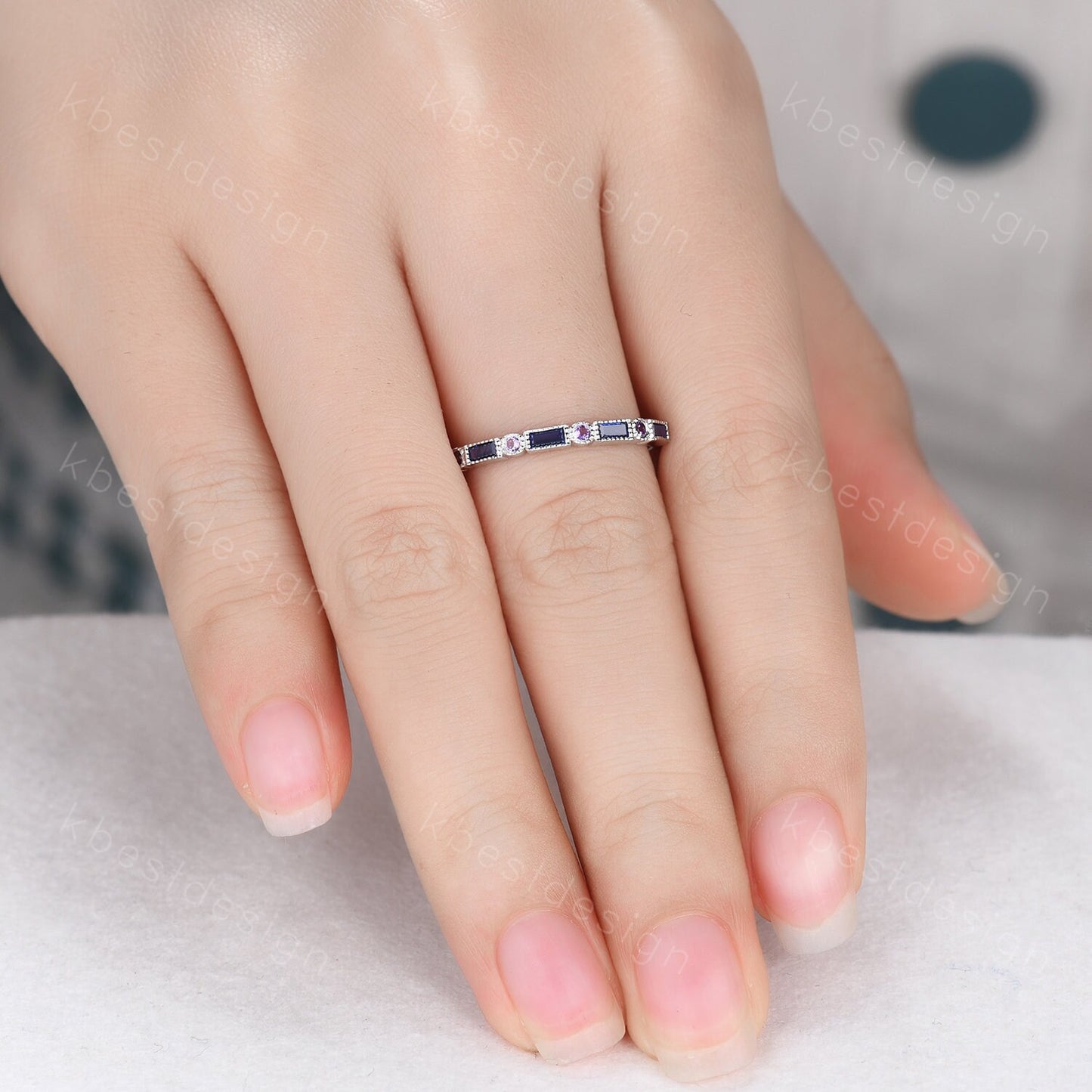Half Eternity Sapphire Ring Baguette Sapphire and Amethyst Wedding Band Silver Ring Art Deco Vintage Wedding Bridal Anniversary Ring