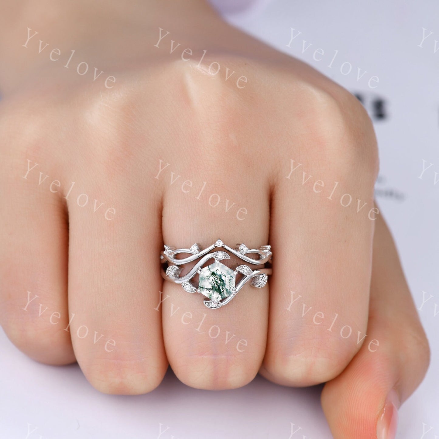 Retro hexagon Moss Agate Ring,Vintage Sterling Silver Ring Set,Unique Agate Engagement Ring,Promise Ring,Anniversary Bridal Ring Gift,Custom