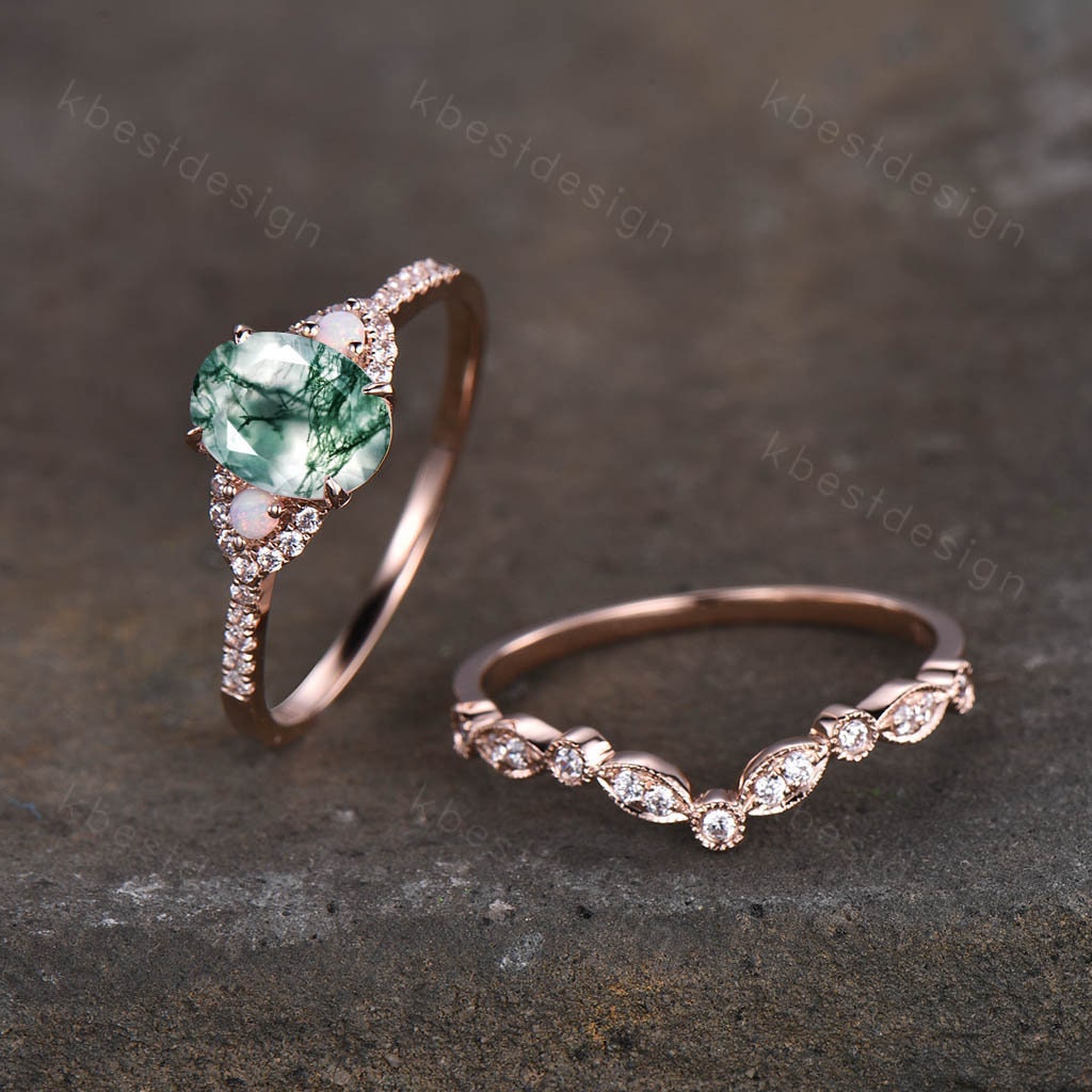 Vintage Moss Agate Engagement Ring Set, Rose Gold Rings for Women, Art Deco Stacking Band, Unique Curved Wedding Band, Handmade Jewelry