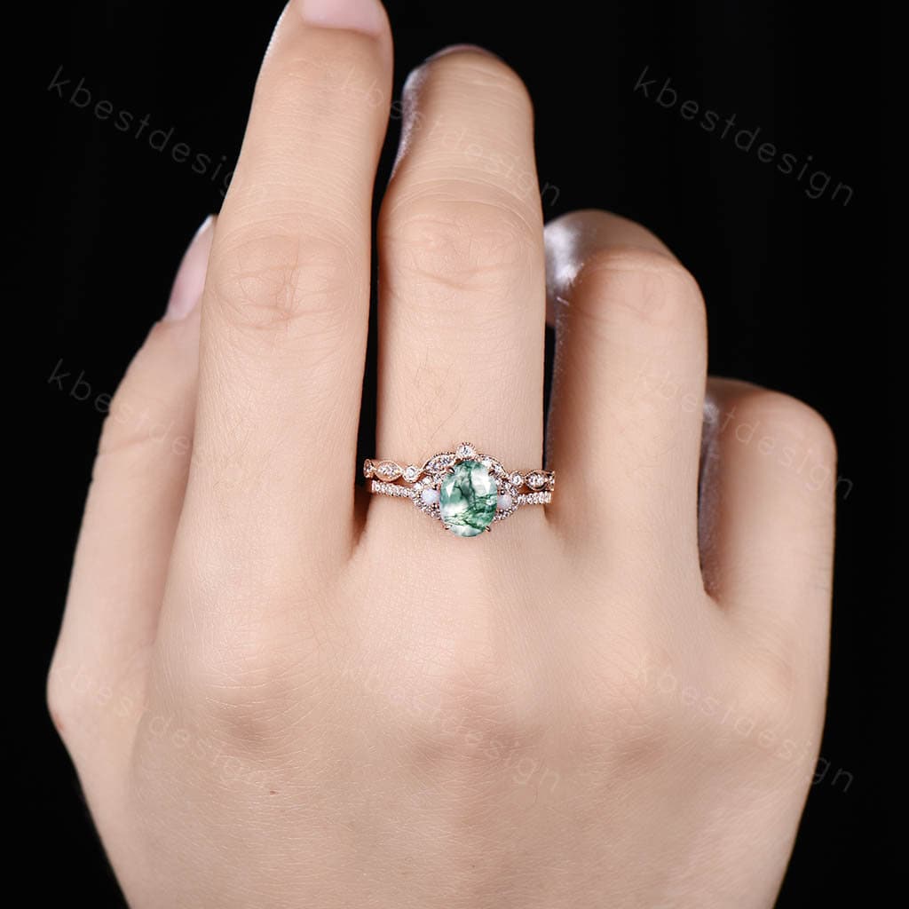 Vintage Moss Agate Engagement Ring Set, Rose Gold Rings for Women, Art Deco Stacking Band, Unique Curved Wedding Band, Handmade Jewelry