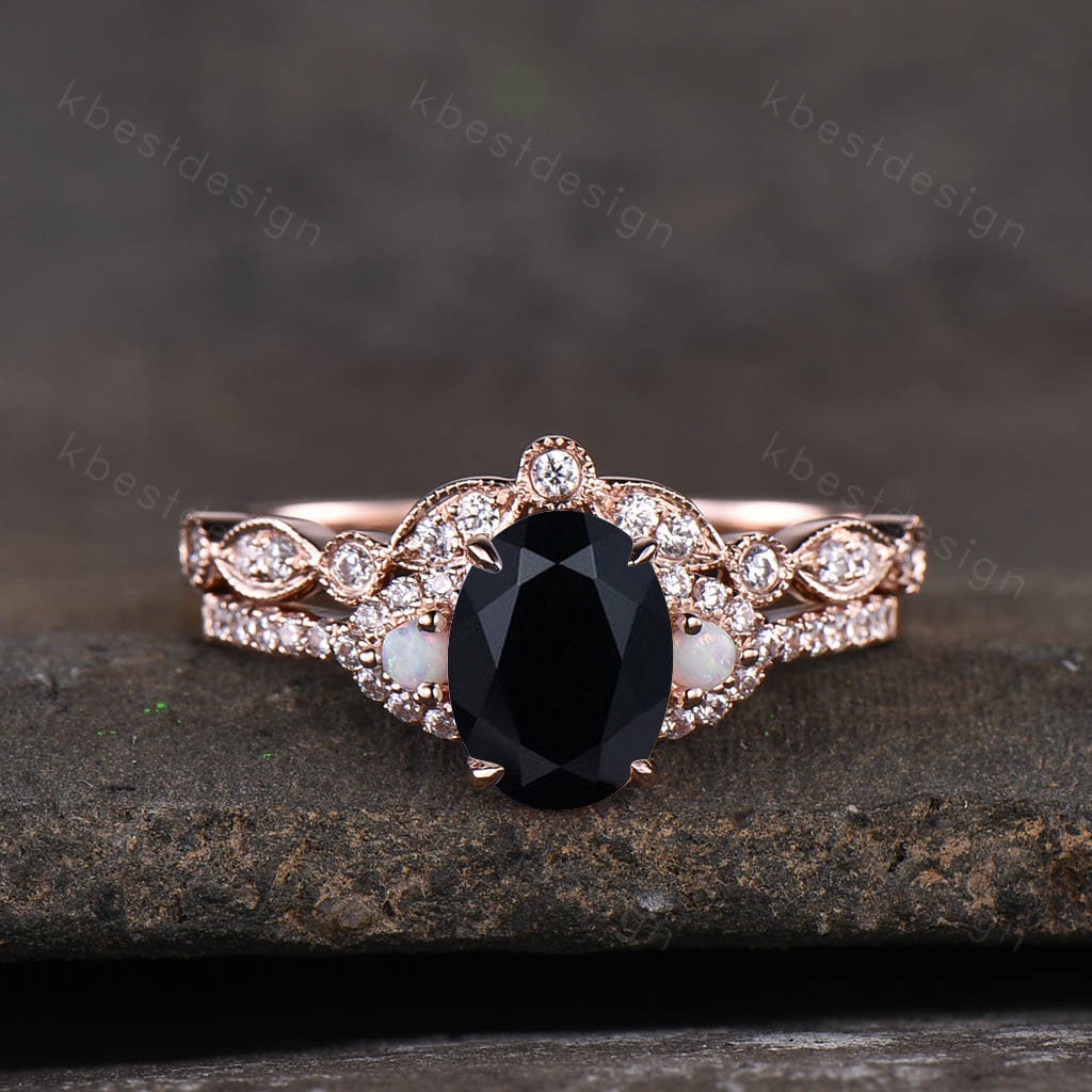 Oval Black Onyx Engagement Ring Set Rose Gold Women Stacking Ring Unique Curved Wedding Band Vintage Bridal Ring Set Promise Ring