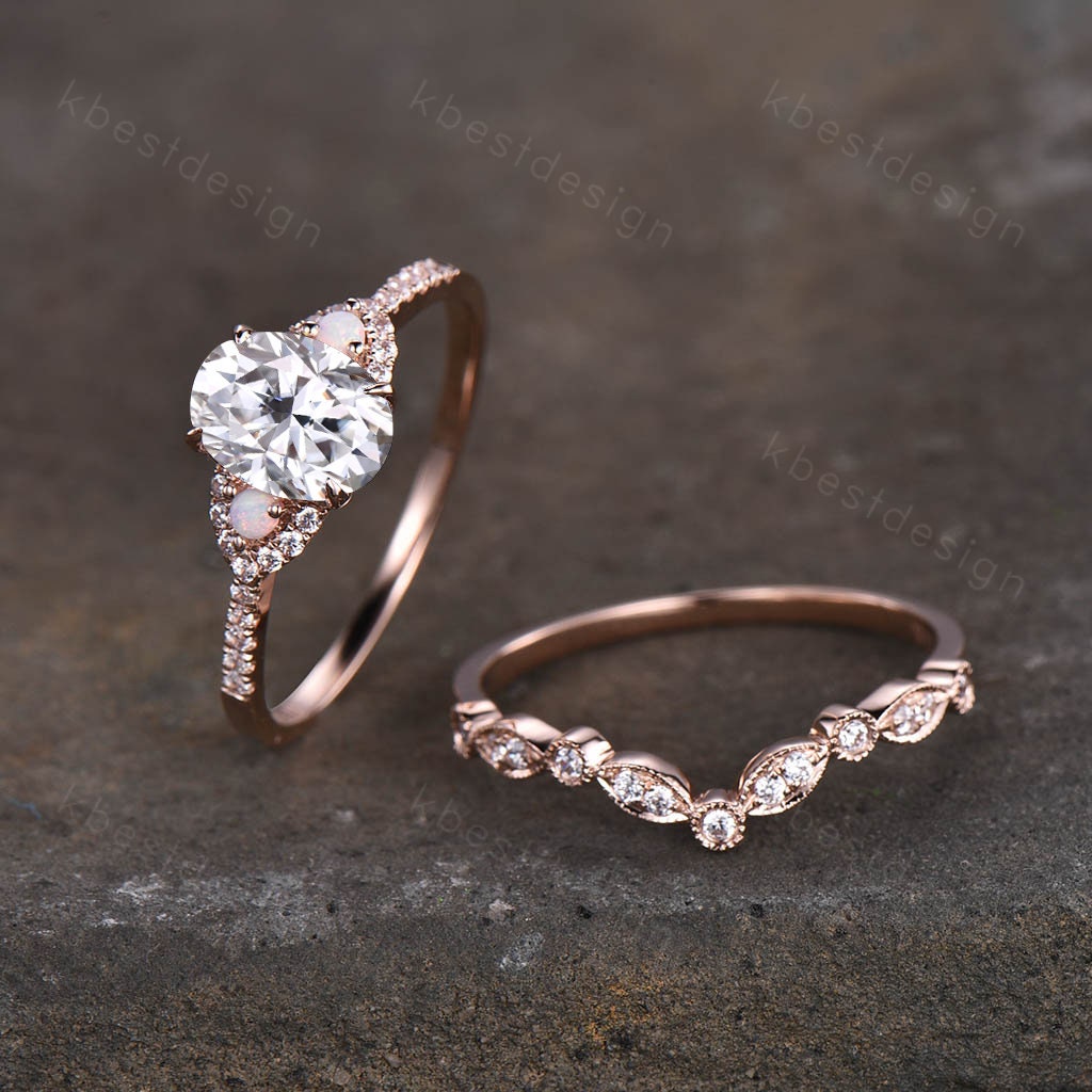 Oval moissanite engagement ring set unique Rose gold engagement ring Art deco curved wedding Bridal ring Promise Anniversary gift