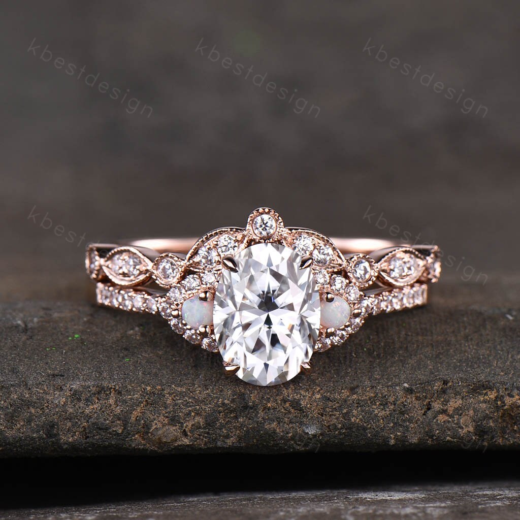 Oval moissanite engagement ring set unique Rose gold engagement ring Art deco curved wedding Bridal ring Promise Anniversary gift